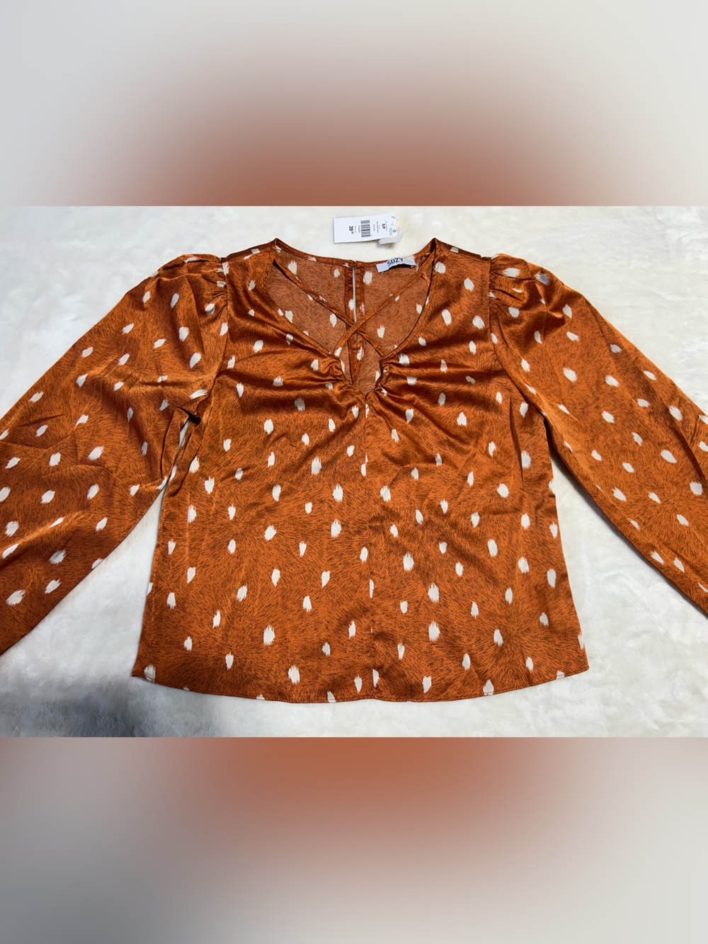 Women's Silky Rust Polka Dot Twist-Front Blouse NWT